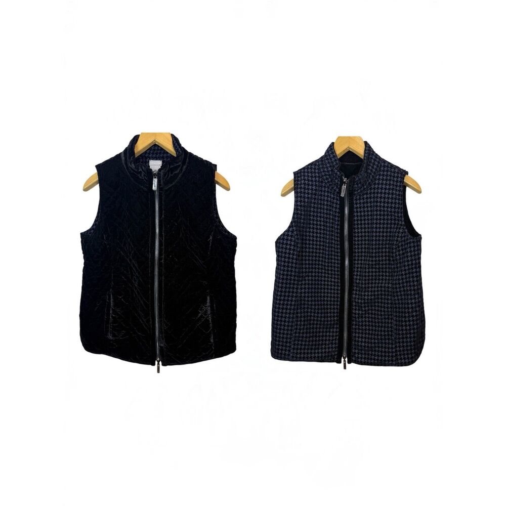 Chico's Black Vest Reversible Zip Size 8-10 Petite Herringbone Office Preppy